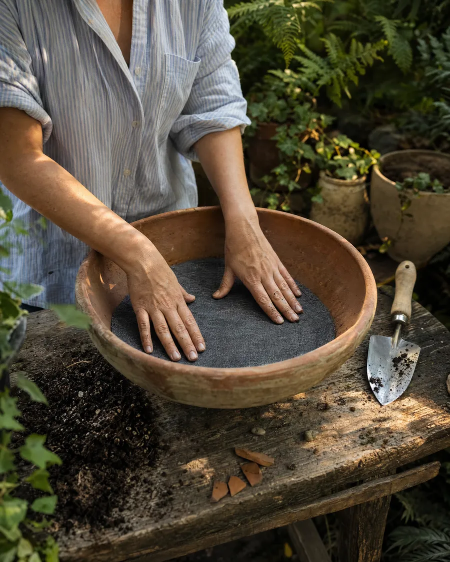 Mãos ajeitando a manta de drenagem no fundo de um vaso de barro, antes de colocar a terra